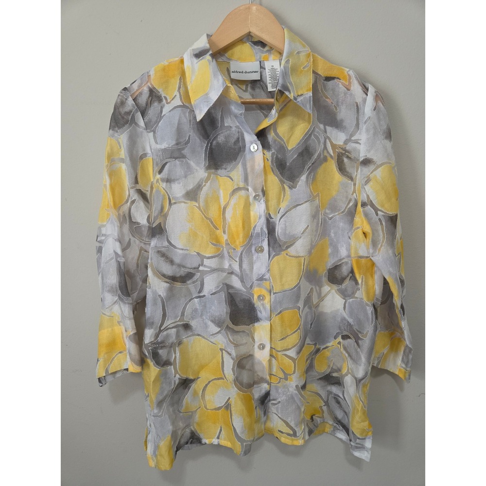 Alfred Dunner Womens Yellow Grey‎ Burnout Floral 3/4 Sleeve Button Up Blouse 10